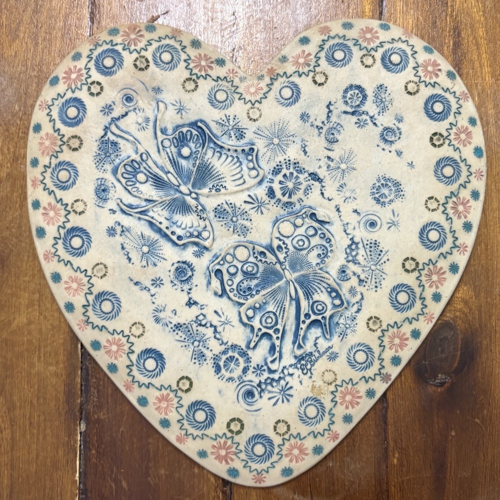 Handmade Pottery Heart Wall Hang Decor Butterfly Floral Sweet Granny Cottagecore